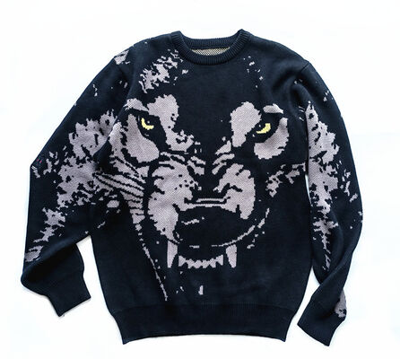 Mens Sweater Casual Fit Thick Cotton Pullover With Jacquard Wolf Pattern And Embroidery Sleeve For Daily Life