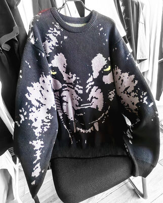Mens Sweater Casual Fit Thick Cotton Pullover With Jacquard Wolf Pattern And Embroidery Sleeve For Daily Life