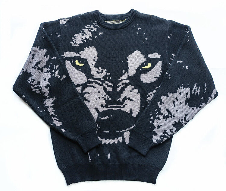Mens Sweater Casual Fit Thick Cotton Pullover With Jacquard Wolf Pattern And Embroidery Sleeve For Daily Life
